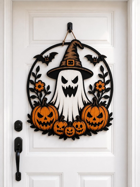 Halloween Ghost Door Hanger SVG, Witch Hat Ghost Sign, Pumpkin Door Decor, Spooky Round Door Hanger laser cut file.