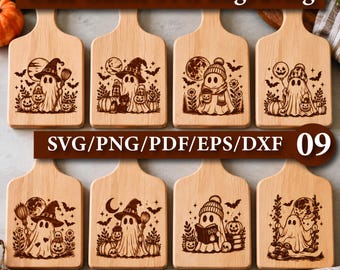 Niedliches Geister-SVG-Bundle, Halloween-Gravurdesigns, Hexen-Kürbis-Schnittdateien, Laserschnitt-Glowforge-Projekte