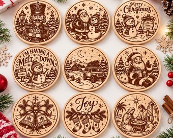 Kerstonderzetter SVG, Feestelijke onderzetters bundel, Lasergraveerbestand, Glowforge xTool snijontwerp, Vrolijke kerstdecoratie, Wintercadeau