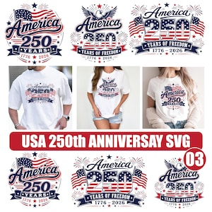 May include: A collection of digital graphic designs featuring the text America 250 Years 1776-2026, incorporating American flag patterns, bald eagles, and fireworks. The designs are displayed on white t-shirts and as standalone vector illustrations.