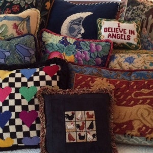 Needlepoint Finishing Services: pillows, Christmas stockings and ornaments. Click for sizes and prices