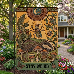 Flaga ogrodowa Stay Weird, Fantazyjny baner ogrodowy Goblincore, Dekoracja zewnętrzna z kartami tarota w stylu vintage, Znak na trawnik Cottagecore z grzybem borsuka leśnego