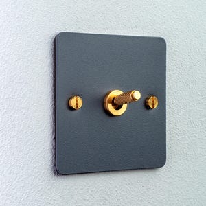 Peut inclure: Une plaque d'interrupteur carrée gris foncé avec une finition texturée. L'interrupteur présente un levier central cylindrique de couleur dorée avec une texture moletée. Deux vis à tête plate dorées assorties sont situées à gauche et à droite.