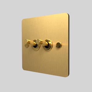 Könnte beinhalten: Eine quadratische Lichtschalterplatte aus gebürstetem Messing mit zwei horizontalen Kippschaltern, die ein strukturiertes Rändelmuster aufweisen. Die Platte ist mit einer Schlitzschraube auf der rechten Seite befestigt und hat ein goldenes Finish.