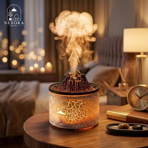 May include: A cylindrical aromatherapy diffuser with a white cracked-pattern exterior and a dark, textured volcanic-shaped top. A plume of mist rises from the center, illuminated by a warm orange light. The logo NEXORA decor is visible.
