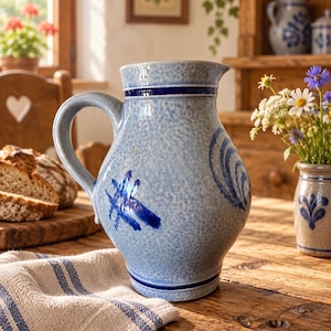 Vintage German Westerwald Stoneware Pitcher 0.5L, Hand-Painted Cobalt Blue salt Glazed Pottery Bembel, Authentic MC Rustic Cider Jug