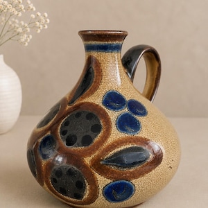 Studio Pottery Vase, Balzar Kopp Style, West German Mid Century Jug, Westerwald Salt Glaze Pitcher, Vintage Handled Art Ceramic, 15cm Vase