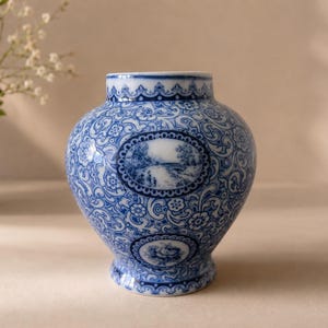 May include: A bulbous ceramic vase featuring a blue and white transferware pattern. The surface is decorated with intricate floral scrolls and two distinct oval medallions depicting landscape scenes. The rim and base have a scalloped border.