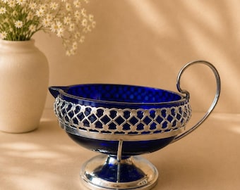 Vintage Cobalt Blue Glass Creamer Jug with Chrome Filigree Holder, Vintage Queen Anne-style Mid-Century Footed Creamer Jug, England