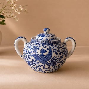 May include: A round ceramic sugar bowl with a lid, featuring a blue and white pattern of a mythical bird surrounded by swirling floral vines. The bowl has two curved handles on opposite sides and a small knob on the center of the lid.