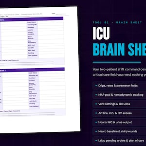 Könnte beinhalten: Ein weißes ICU-Brain-Sheet-Formular mit violetten Kopfzeilen für zwei Patienten, das Felder für Zimmer, Alter, Diagnose, Allergien, Zugang, Neuro, Vitalwerte, Urinausscheidung, Beatmungseinstellungen, Laborwerte und Pflegeplan enthält.