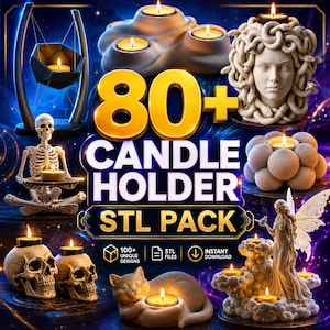 Op de afbeelding: Een digitale collectie van 80+ STL-bestanden voor kaarsenhouders met diverse ontwerpen, waaronder een Medusa-hoofd, een skelet, schedels, een kat, een fee en geometrische vormen, allemaal getoond met brandende theelichtjes tegen een kosmische achtergrond.