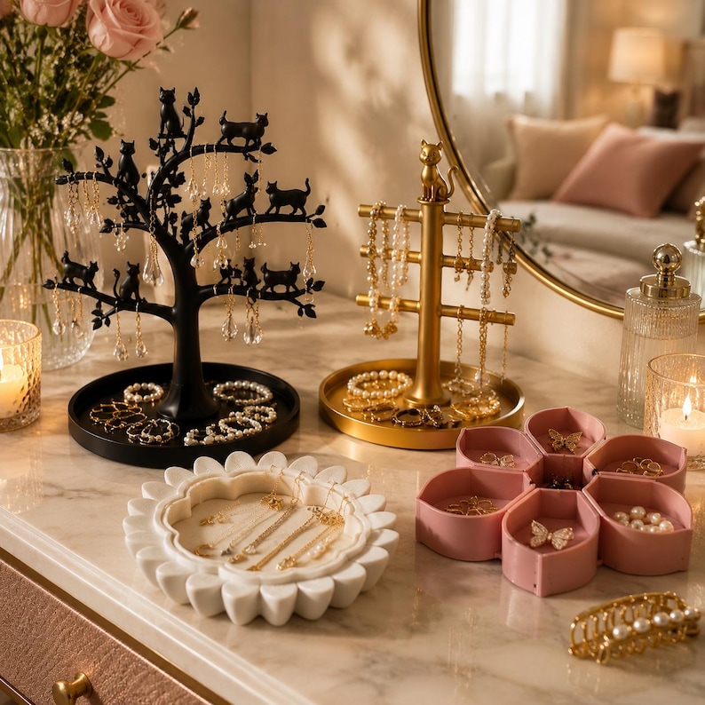 May include: A black cat-themed tree jewellery stand, a gold cat-topped jewellery rack, a white flower-shaped jewellery tray, a pink lotus-shaped jewellery box, and a gold pearl hair clip. These items are arranged on a marble surface for jewellery storage.