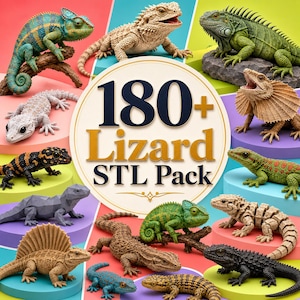 Könnte beinhalten: Eine digitale Sammlung mit dem Titel 180+ Lizard STL Pack, die verschiedene Echsenarten wie Chamäleons, Leguane und Geckos in verschiedenen Farben wie Grün, Braun, Schwarz und Grau auf bunten, kreisförmigen Plattformen zeigt.