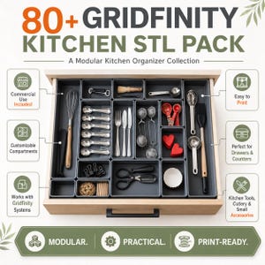 May include: A set of grey modular drawer organizers containing various kitchen tools, cutlery, and small accessories. The image features the text 80+ GRIDFINITY KITCHEN STL PACK, A Modular Kitchen Organizer Collection, and labels for features.