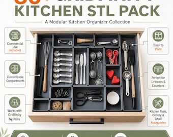 May include: A set of grey modular drawer organizers containing various kitchen tools, cutlery, and small accessories. The image features the text 80+ GRIDFINITY KITCHEN STL PACK, A Modular Kitchen Organizer Collection, and labels for features.
