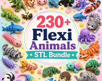 Puede incluir: Una colección de figuras de animales articuladas impresas en 3D, incluyendo un T-Rex, dragón, tiburón, pulpo y panda, dispuestas alrededor de un gráfico circular central con el texto 230+ Flexi Animals STL Bundle en letras azules y rojas.
