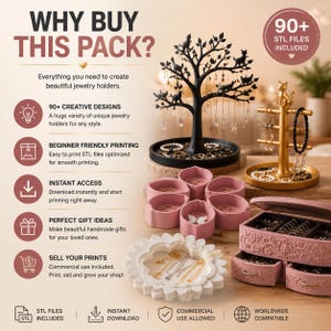 May include: A digital product advertisement featuring 90+ STL files for jewellery holders. Displays include a black tree stand with cat silhouettes, a gold cat-topped stand, a pink lotus-shaped tray, and a pink ornate jewellery box with drawers.