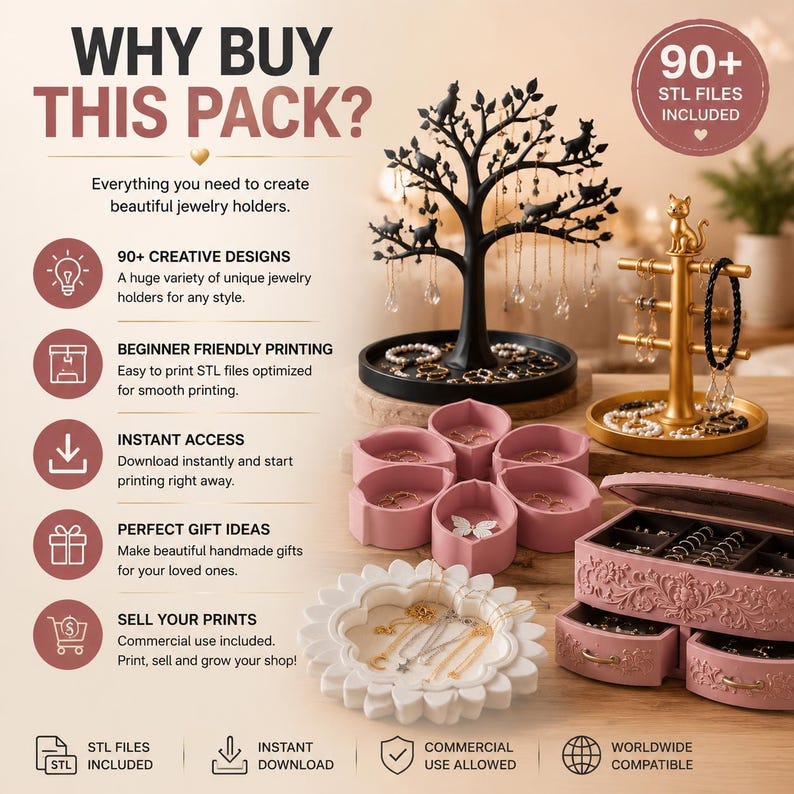 May include: A digital product advertisement featuring 90+ STL files for jewellery holders. Displays include a black tree stand with cat silhouettes, a gold cat-topped stand, a pink lotus-shaped tray, and a pink ornate jewellery box with drawers.