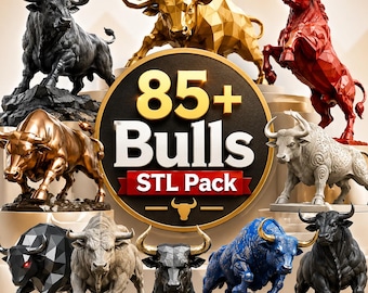 Può includere: Una collezione di statuette di tori in vari stili, inclusi design geometrici, realistici e testurizzati in nero, oro, rosso, blu e grigio. Un emblema circolare centrale presenta il testo 85+ Bulls STL Pack con un'icona di toro.