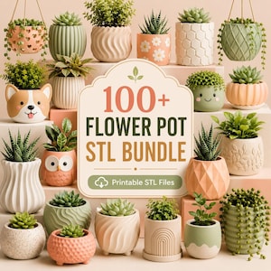Op de afbeelding: Een verzameling van diverse kleine bloempotten in pastelkleuren, met uiteenlopende texturen, vormen en patronen, waaronder dierengezichten en geometrische ontwerpen. Een centraal bord toont de tekst 100+ FLOWER POT STL BUNDLE Printable STL Files.