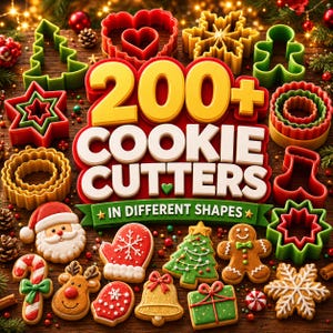 Op de afbeelding: Een verzameling plastic koekjesvormen in diverse feestelijke vormen zoals sterren, bomen en harten, rondom een groot centraal bord met de tekst 200+ COOKIE CUTTERS IN DIFFERENT SHAPES, vergezeld door versierde peperkoekjes.