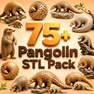 Peut inclure: Une collection numérique de 75+ fichiers STL de pangolins présentant divers modèles 3D de pangolins dans différentes poses, y compris enroulés en boule, debout et marchant sur des rochers ou des branches, avec le texte 75+ Pangolin STL Pack.
