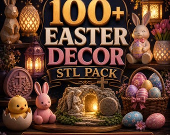 Puede incluir: Un gráfico digital con el texto 100+ EASTER DECOR STL PACK y COMMERCIAL USE ALLOWED. La imagen muestra varios elementos de Pascua en estilo 3D, incluyendo conejos, un pollito amarillo en un huevo, una escena de tumba y una cesta de huevos.