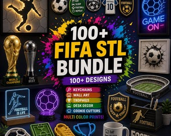 Puede incluir: Una colección digital de más de 100 archivos STL de la FIFA con diseños imprimibles en 3D de temática futbolística, incluyendo llaveros, arte mural, trofeos, decoración de escritorio y cortadores de galletas, mostrados con varios ejemplos físicos.