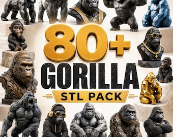 Può includere: Una collezione digitale di oltre 80 modelli 3D di gorilla, con varie pose e stili, tra cui figure geometriche, realistiche e con accessori. Il testo 80+ GORILLA STL PACK è visualizzato al centro, mostrando diversi design per la stampa 3D.