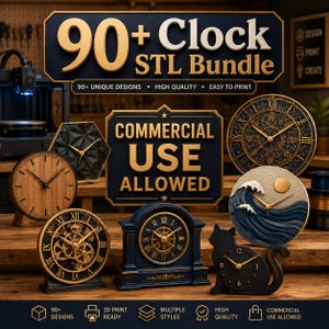 Puede incluir: Una colección digital de 90+ Clock STL Bundle para impresión 3D. La imagen muestra varios diseños de relojes, incluyendo un reloj redondo de madera, un reloj geométrico negro, un reloj con engranajes, un reloj de repisa, un reloj con olas y un reloj con forma de gato.