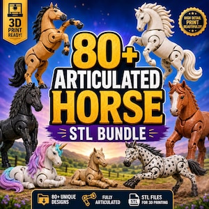 Puede incluir: Un gráfico digital con el texto 80+ Articulated Horse STL Bundle y siete figuras de caballos impresas en 3D en varios colores, incluyendo beige, blanco, negro, marrón y un unicornio con crin arcoíris sobre un paisaje al atardecer.