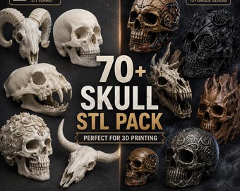 70+ Skull STL Bundle | Gothic, Dragon, Animal, Floral 3D Print Files (Instant Download)