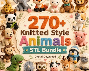 Puede incluir: Una colección digital de 270+ animales de estilo tejido en un paquete STL, con varias figuras de ganchillo como una jirafa, elefante, zorro, conejo, oso, león, panda, perro, mono, dinosaurio, búho, vaca, ciervo, pingüino y oveja.