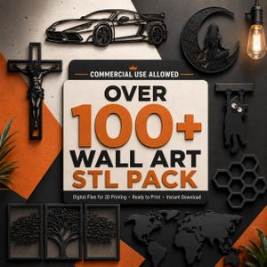 May include: A digital collection of over 100 wall art STL files for 3D printing, featuring black decorative designs including a sports car, a crucifix, a crescent moon with a figure, a hanging cat, a tree triptych, and a world map.