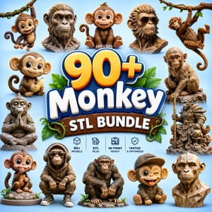 May include: A digital collection of 90+ monkey STL files for 3D printing, featuring various monkey figures including cartoon characters, realistic primates, monkeys wearing sunglasses, hoodies, and hats, and geometric designs on a light blue background.