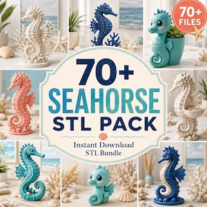 May include: A digital collection of 70+ seahorse STL files for 3D printing, featuring various seahorse designs in white, blue, teal, and coral colors, including decorative figurines, planters, and bowls with intricate textures and patterns.