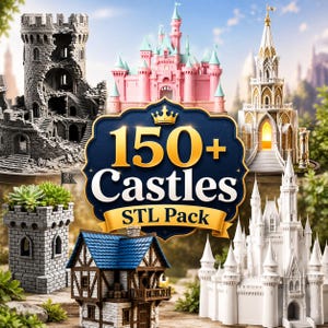 Puede incluir: Una colección digital de más de 150 archivos STL de castillos para impresión 3D, con varios diseños arquitectónicos que incluyen una torre de piedra en ruinas, un palacio rosa, una aguja gótica blanca, una maceta y un castillo blanco.