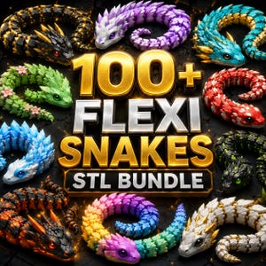 Può includere: Una collezione di statuette di serpenti articolati in vari colori tra cui nero, viola, verde acqua, verde, rosso, blu, arancione e arcobaleno, che circondano il testo dorato e argentato 100+ FLEXI SNAKES STL BUNDLE su uno sfondo scuro e strutturato.