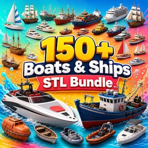 Op de afbeelding: Een digitale collectie van 150+ Boats & Ships STL Bundle met diverse 3D-modellen van zeilboten, vrachtschepen, cruiseschepen, vissersboten en speedboten tegen een kleurrijke, levendige achtergrond met water-thema afbeeldingen.
