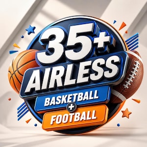 May include: A circular graphic featuring the text 35+ AIRLESS BASKETBALL + FOOTBALL in bold white letters. An orange basketball is on the left and a brown football is on the right. The design includes blue and orange accents with small star shapes.