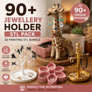 Pode incluir: Uma coleção digital de mais de 90 arquivos STL de suportes para joias para impressão 3D. A imagem mostra um suporte em forma de girafa, um suporte branco em forma de árvore com silhuetas de gatos, uma bandeja rosa e um suporte dourado.