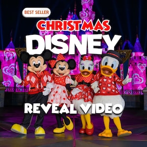 May include: Mickey Mouse, Minnie Mouse, Daisy Duck, and Donald Duck stand together in front of a castle illuminated with pink hearts. The text CHRISTMAS DISNEY REVEAL VIDEO and a BEST SELLER badge are overlaid on the image of the characters.