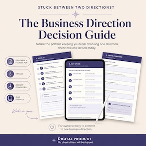 May include: The Business Direction Decision Guide is a three-page digital document featuring sections titled Name It, Act On It, and Move Forward. It includes fillable fields for identifying decision patterns and planning actions on a tablet screen.