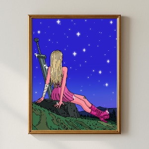 Pretty Little Warrior Poster, Cute But Dangerous Sword Girl, Feminine Illustration, Fantasy Night Starry Sky Wall Decor (Digital Download)