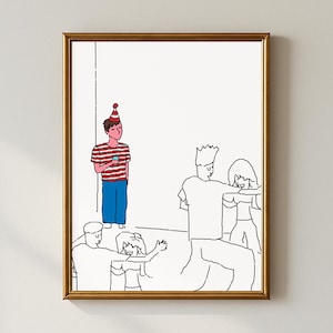 Pode incluir: Uma ilustração emoldurada de arte linear representando uma cena de festa. Uma figura está sozinha com uma camisa de riscas vermelhas e brancas, calças azuis e um chapéu de festa, enquanto outras figuras delineadas a preto dançam.