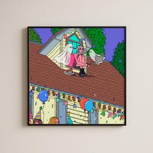 Affiche de fête d'anniversaire, illustration sympathique de fantôme, décoration murale de banlieue bondée, fille élégante colorée, esthétique solitaire (téléchargement numérique)