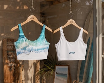 Ocean Wave Print Sports Bra | Turquoise Sea Beach Design