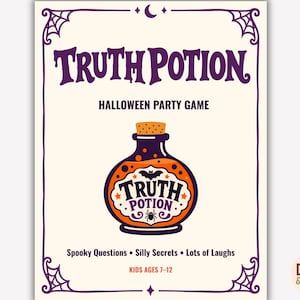 Può includere: Una carta da gioco rettangolare con sfondo color crema e bordo viola con ragnatele. Il testo recita TRUTH POTION HALLOWEEN PARTY GAME. Un'illustrazione centrale mostra una pozione arancione con un pipistrello, un ragno e la scritta TRUTH POTION.