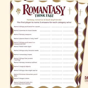 Op de afbeelding: Een Romantasy Think Fast spelblad met een witte achtergrond, donkerrode tekst en gouden accenten. De koptekst bevat een roos- en zwaardpictogram. De lijst bevat prompts zoals Name 3 things you'd pack for a quest en Name 3 fantasy weapons.